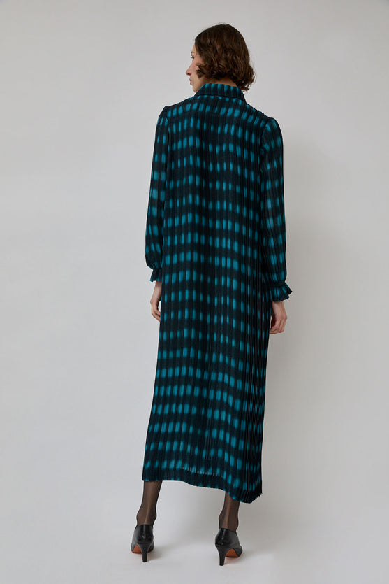 INSHADE Pleated Shirt Dress in Blue and Green Plaid