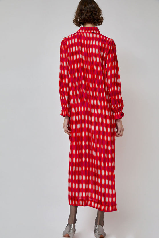 INSHADE Pleated Shirt Dress in Red and Pink Plaid