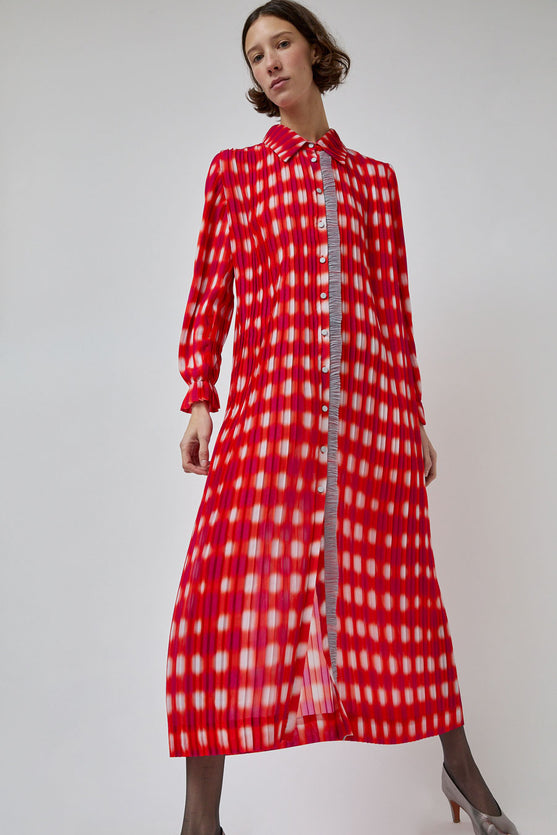 INSHADE Pleated Shirt Dress in Red and Pink Plaid