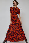 INSHADE Short Sleeve Crimped Chiffon Dress in Red and Bordeaux Floral