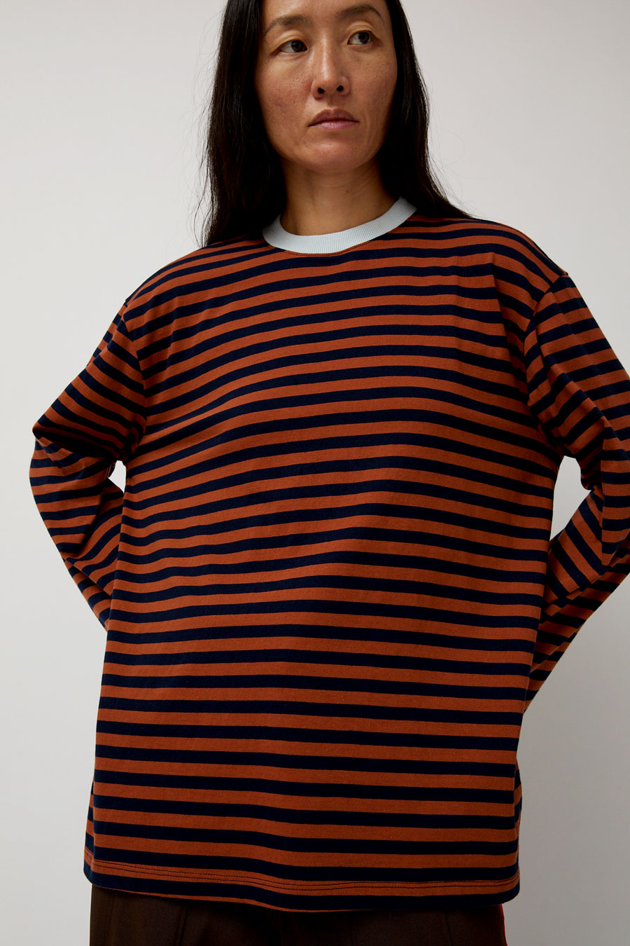 KkCo Long Sleeve Box Tee in Rust and Navy Stripe