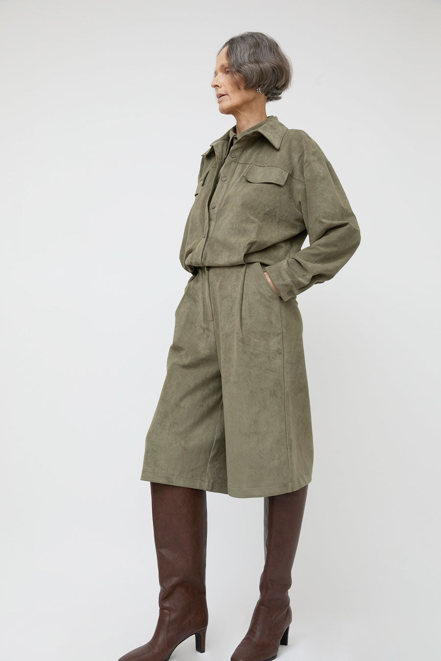 La Piscine Faux Suede Wide Shorts in Military Green