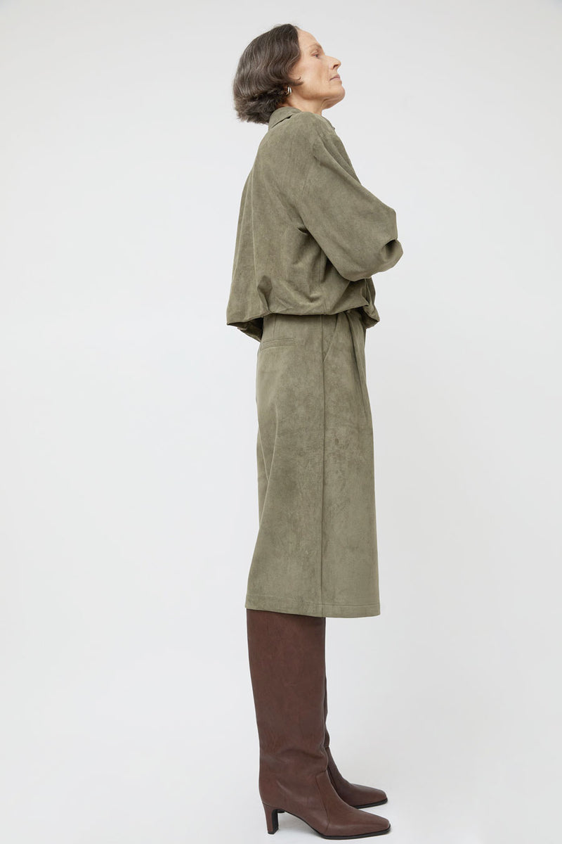 La Piscine Faux Suede Wide Shorts in Military Green
