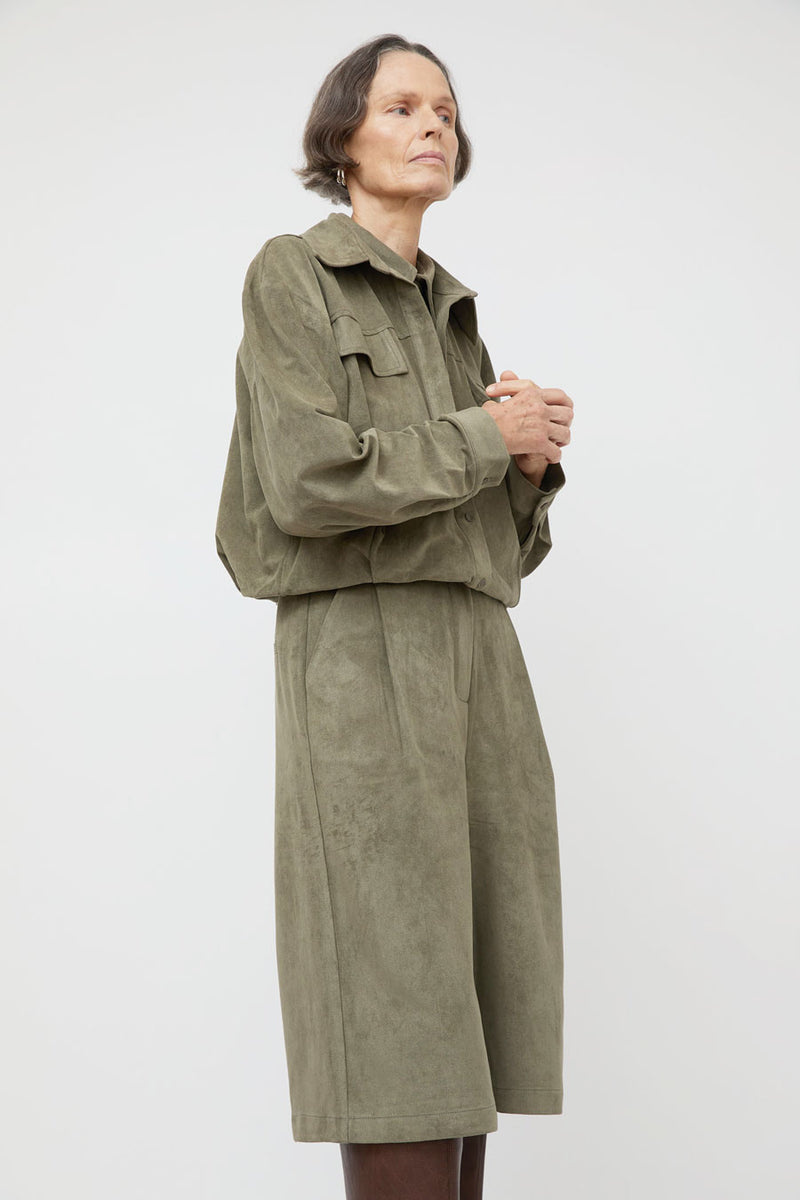 La Piscine Faux Suede Wide Shorts in Military Green