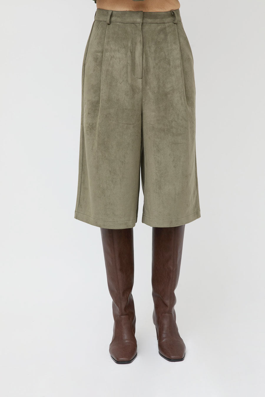 La Piscine Faux Suede Wide Shorts in Military Green