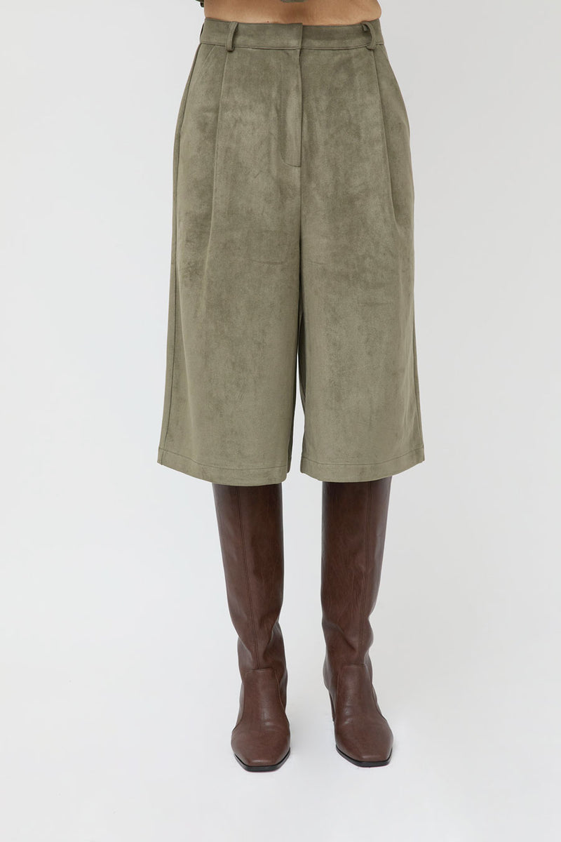 La Piscine Faux Suede Wide Shorts in Military Green