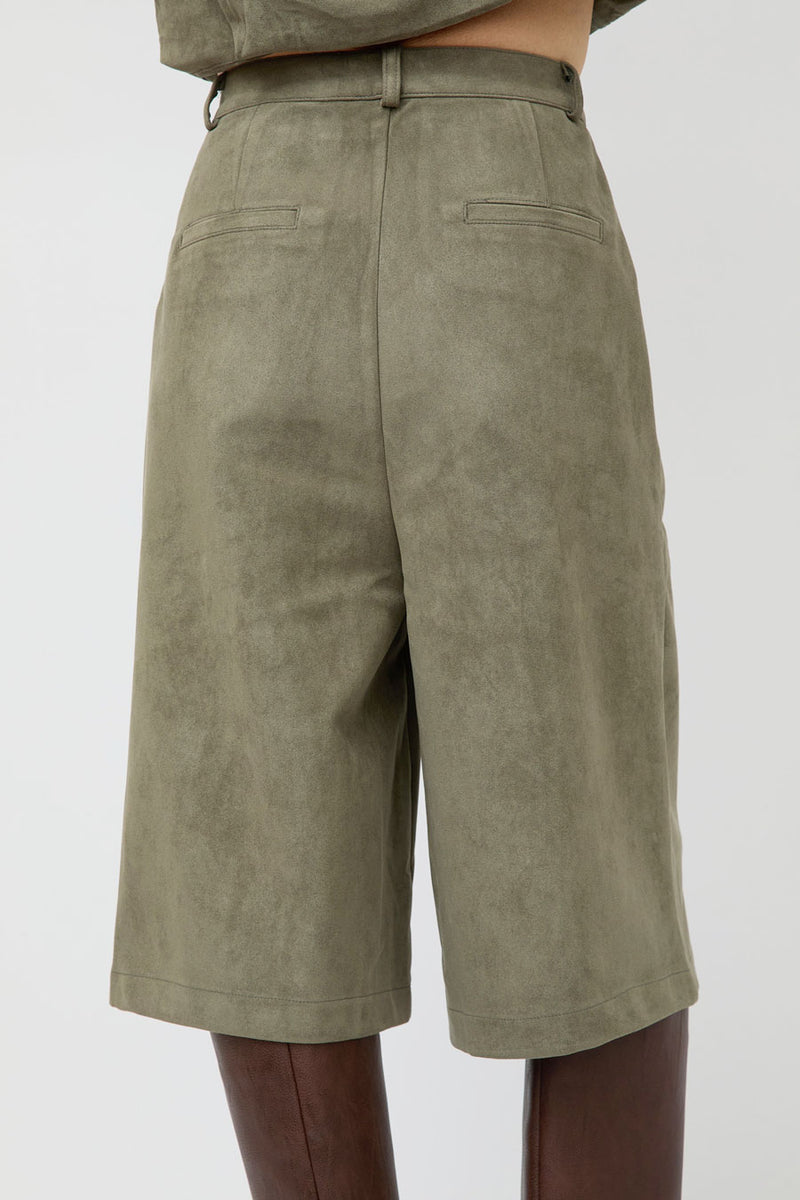 La Piscine Faux Suede Wide Shorts in Military Green