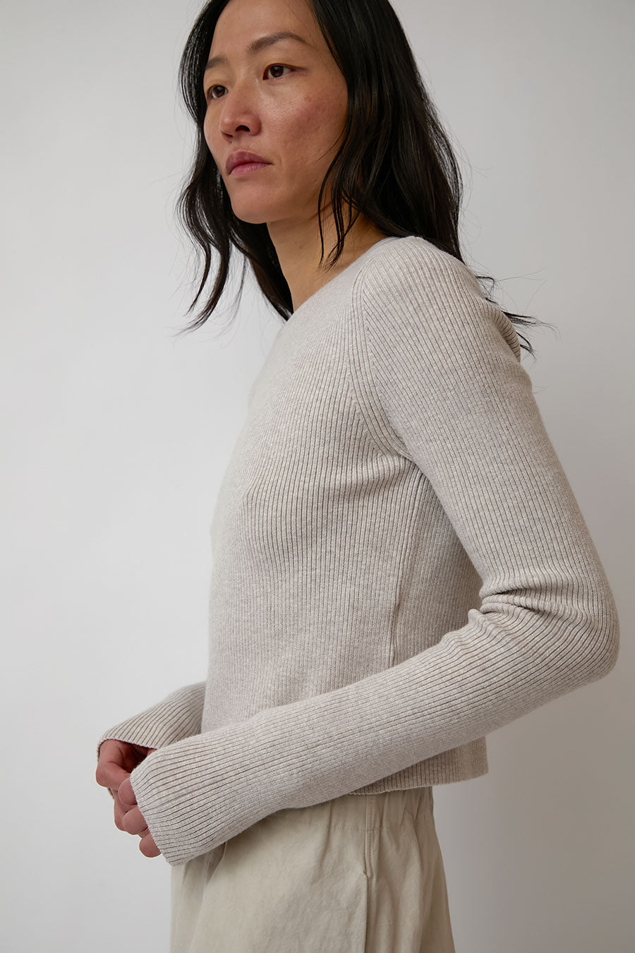 Lauren Manoogian Rib Crop Crewneck in Chalk Melange