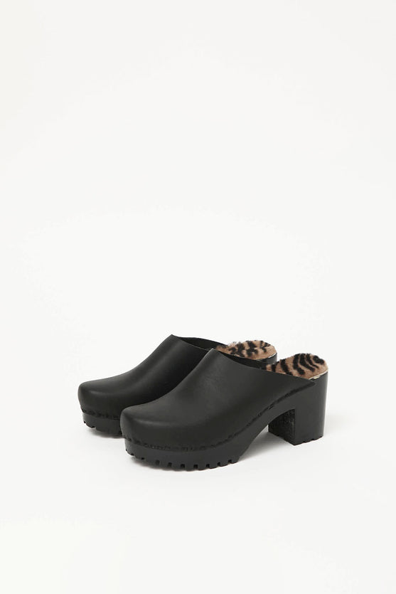 No.6 Liza Clog on Mid Tread in Black with Zebra Shearling on Black Base