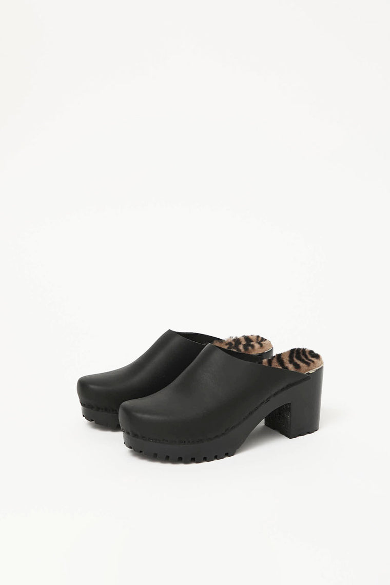 No.6 Liza Clog on Mid Tread in Black with Zebra Shearling on Black Base