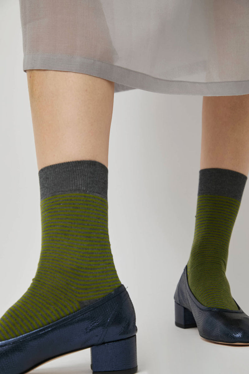 Maria La Rosa Fine Stripe Cotton Socks in Grey Melange