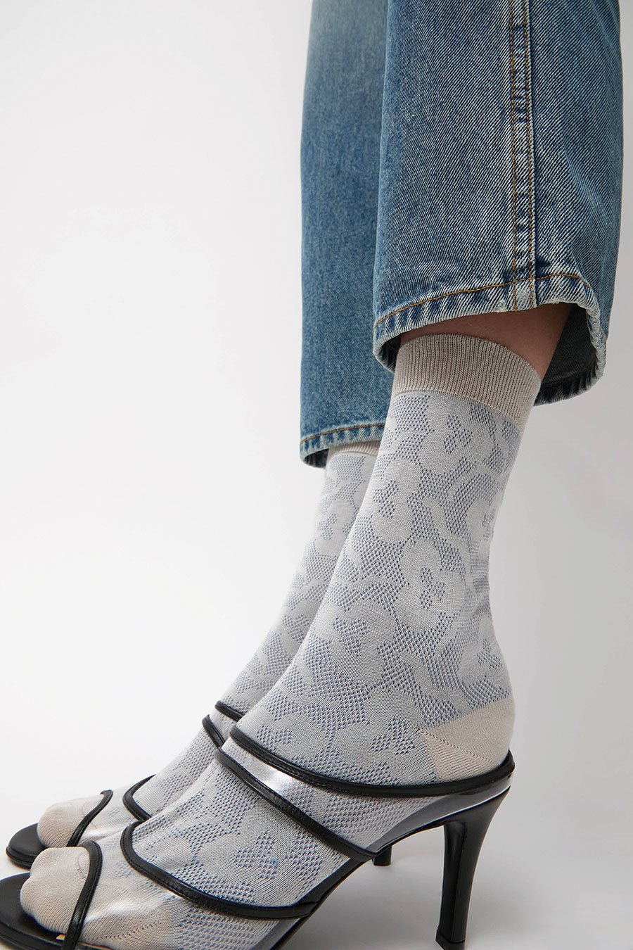 Maria La Rosa Floral Jacquard Mid Calf Socks in Powder Blue