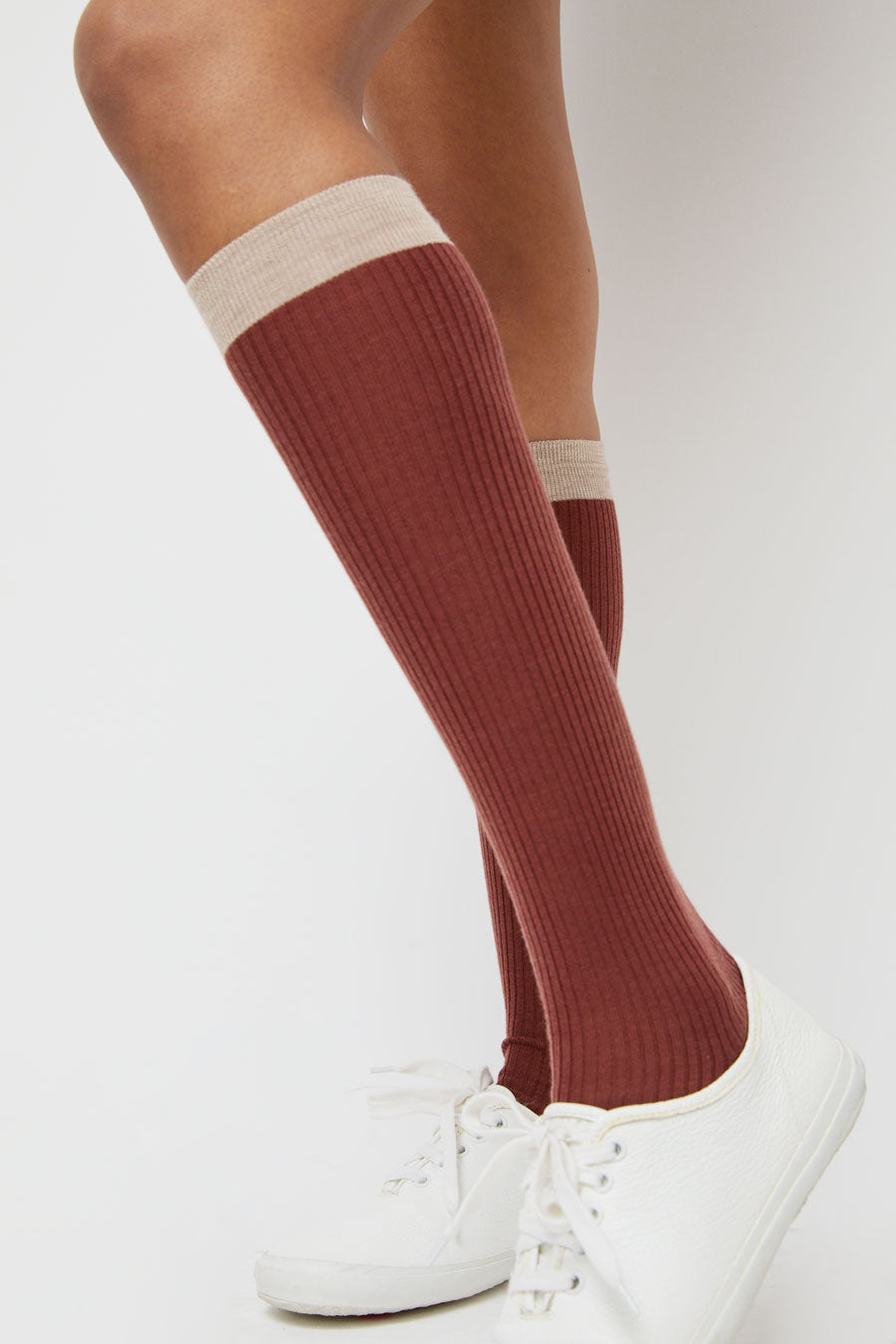 Maria La Rosa Knee High Banded Wool Socks in Camel