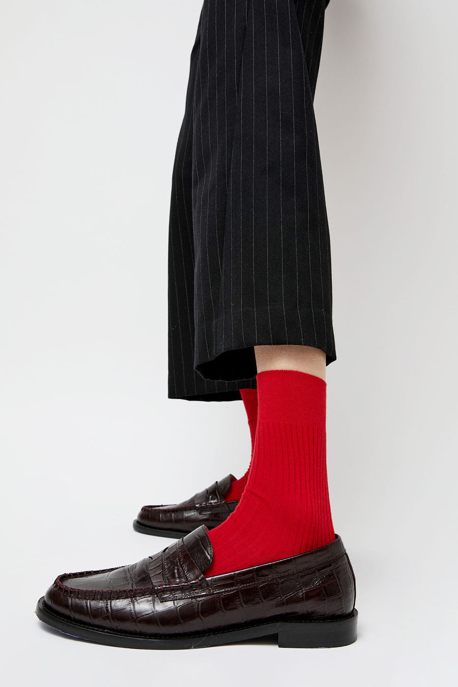 Maria La Rosa Ribbed Mid Calf Bio Cotton Socks in Rosso Lacca