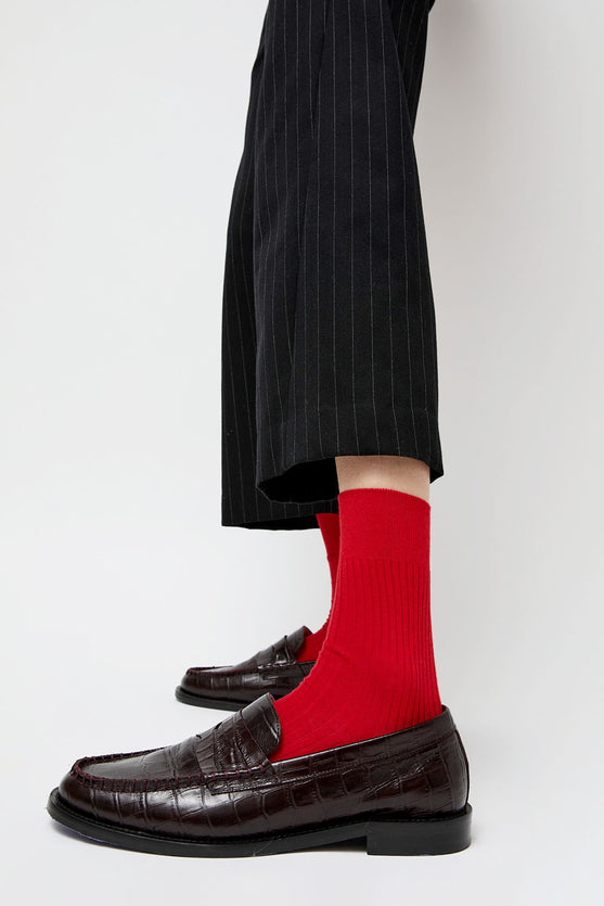 Maria La Rosa Ribbed Mid Calf Bio Cotton Socks in Rosso Lacca