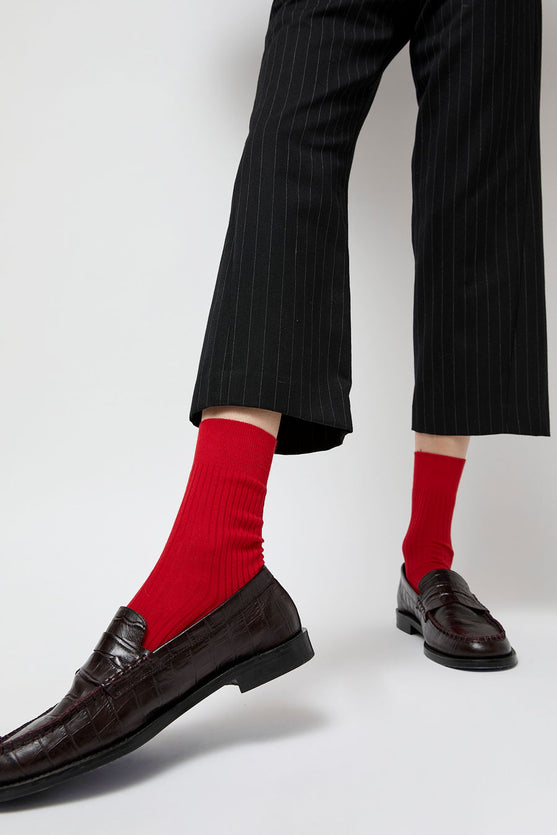 Maria La Rosa Ribbed Mid Calf Bio Cotton Socks in Rosso Lacca