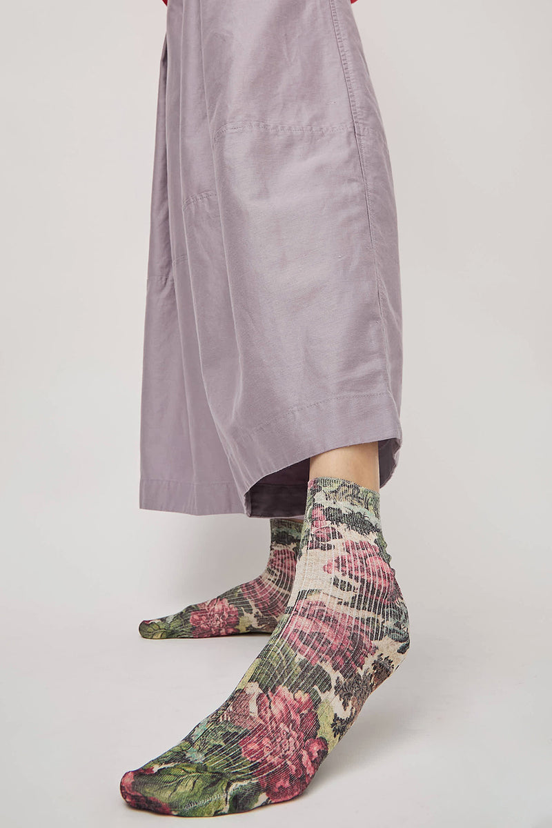 Maria La Rosa Spring Silk Ankle Socks in Mixed Flowers Dark