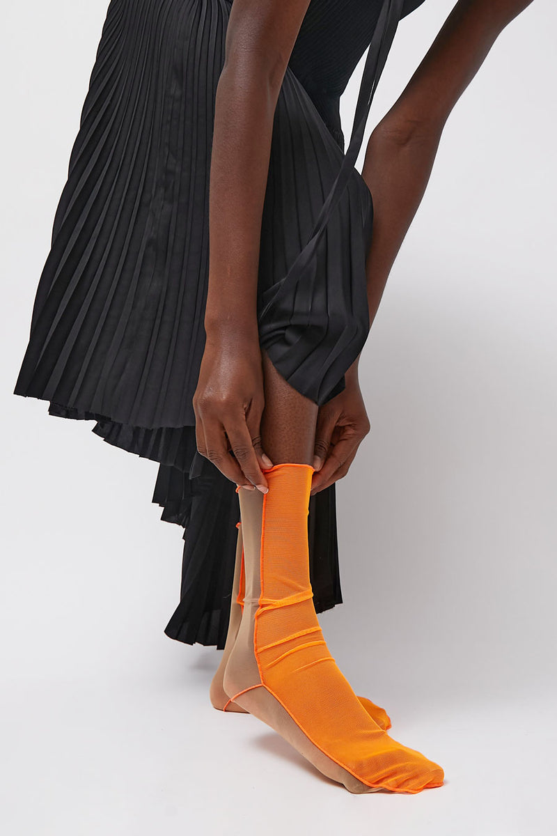 Marios Bicolor Mesh Ankle Socks in Orange Fluo and Nude