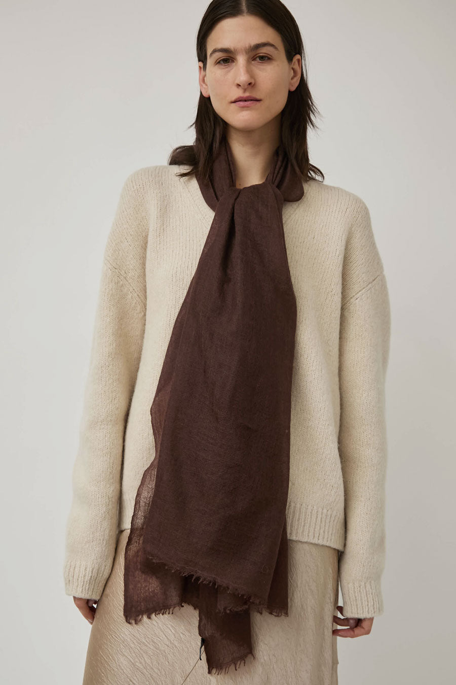Meg Cohen Long Cashmere Whisper Scarf in Chocolate