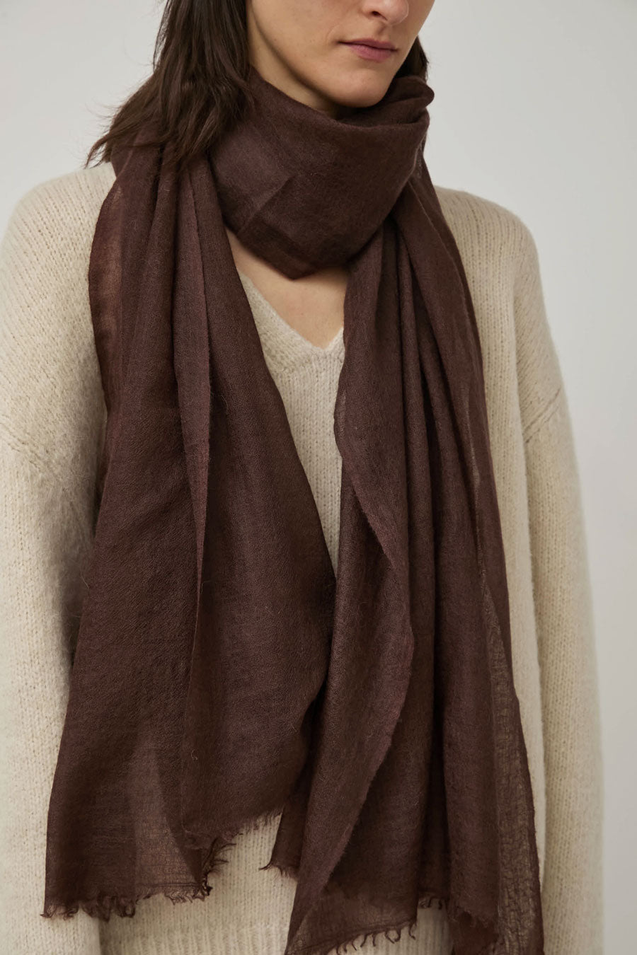 Meg Cohen Long Cashmere Whisper Scarf in Chocolate