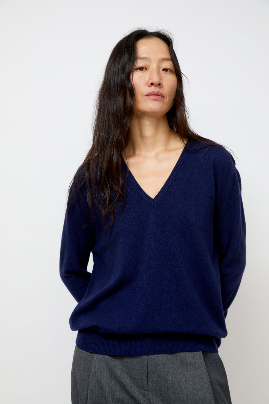 Mijeong Park Cashmere Blend V-Neck Knit in Navy