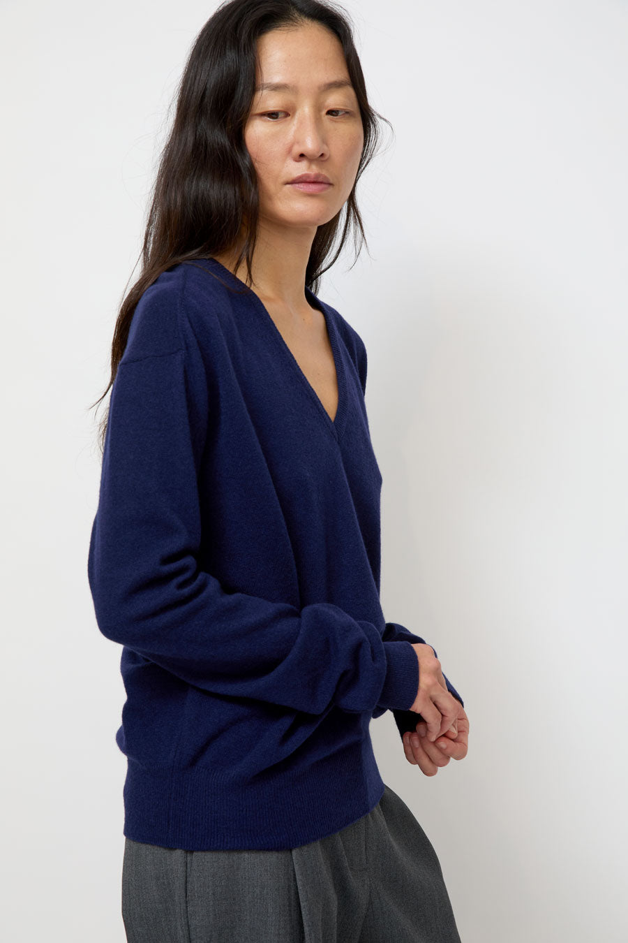 Mijeong Park Cashmere Blend V-Neck Knit in Navy
