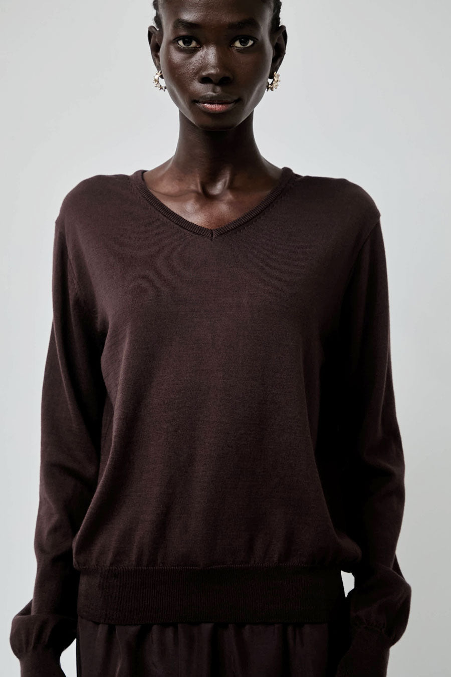 Mijeong Park Cotton Blend V-Neck Knit Top in Brown