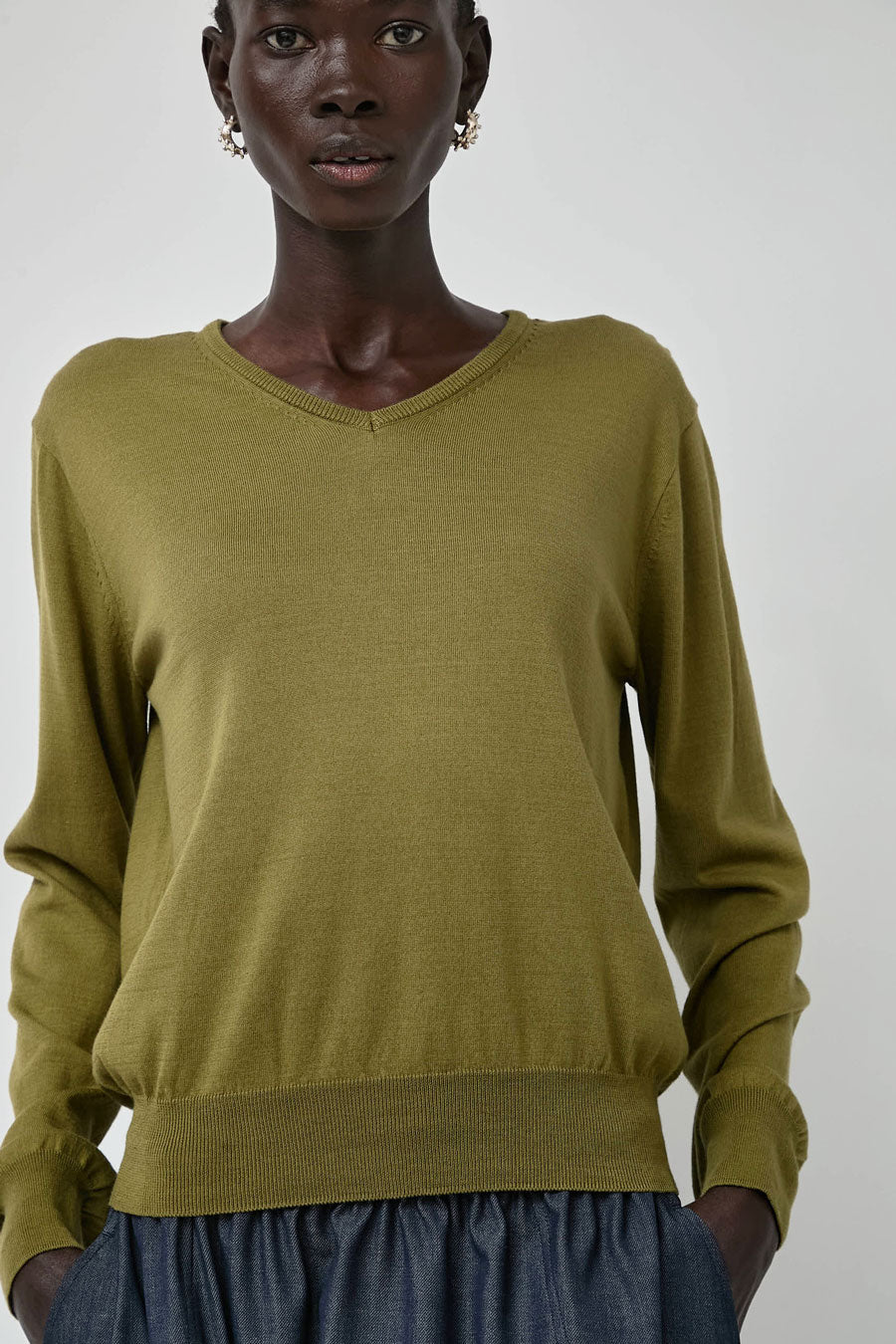 Mijeong Park Cotton Blend V-Neck Knit Top in Green