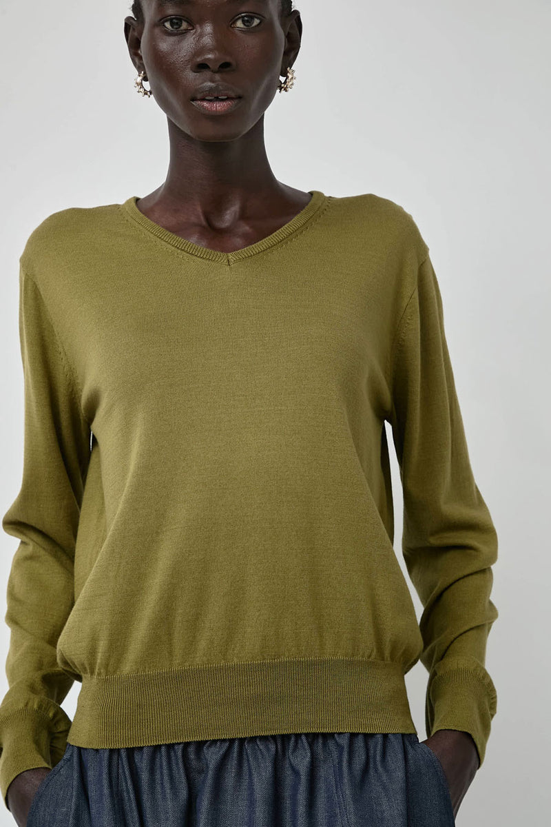 Mijeong Park Cotton Blend V-Neck Knit Top in Green