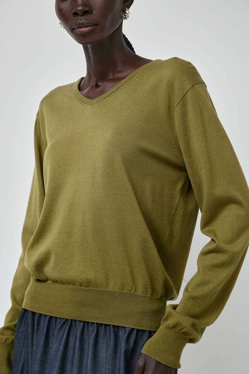 Mijeong Park Cotton Blend V-Neck Knit Top in Green