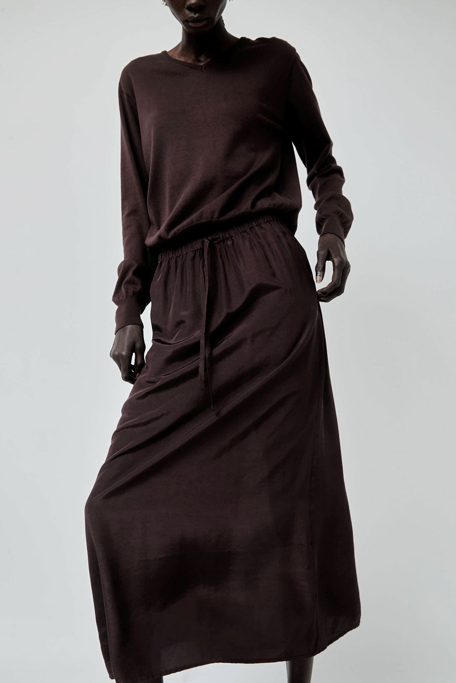 Mijeong Park Drawstring Midi Skirt in Dark Brown