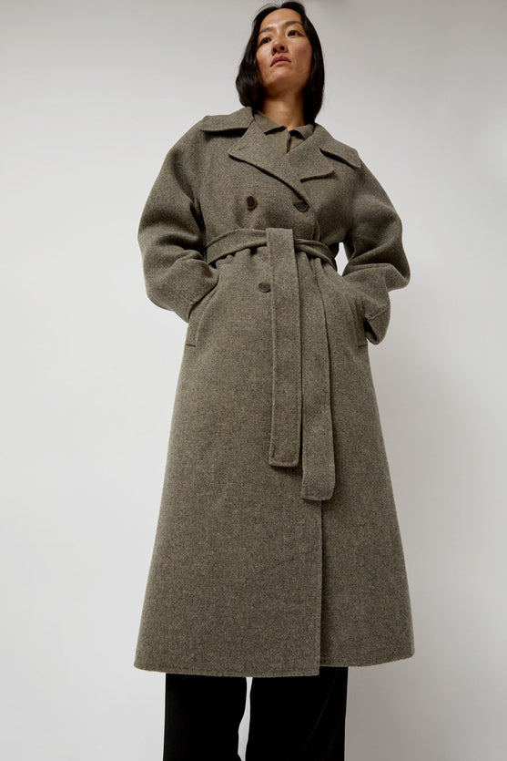 Mijeong Park Handmade Long Wool Coat in Khaki Gray