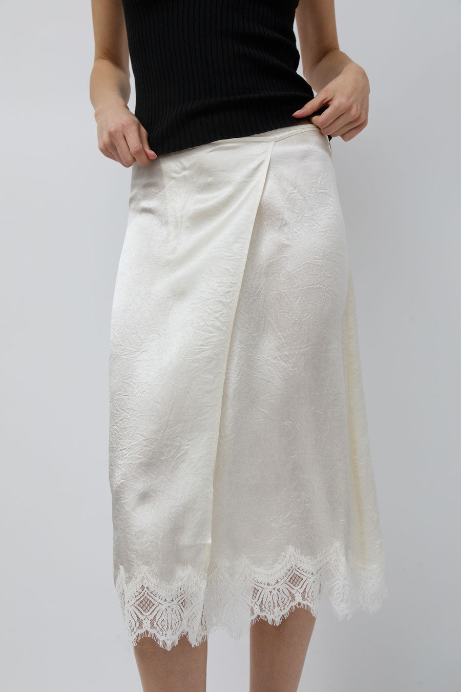 Mijeong Park Lace Trim Satin Wrap Skirt in Ivory