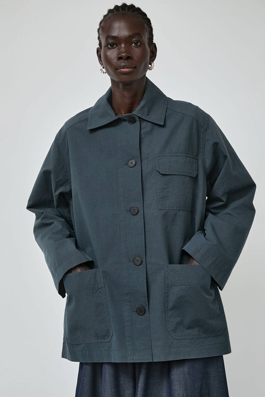 Mijeong Park Linen Blend Work Jacket in Blue Grey