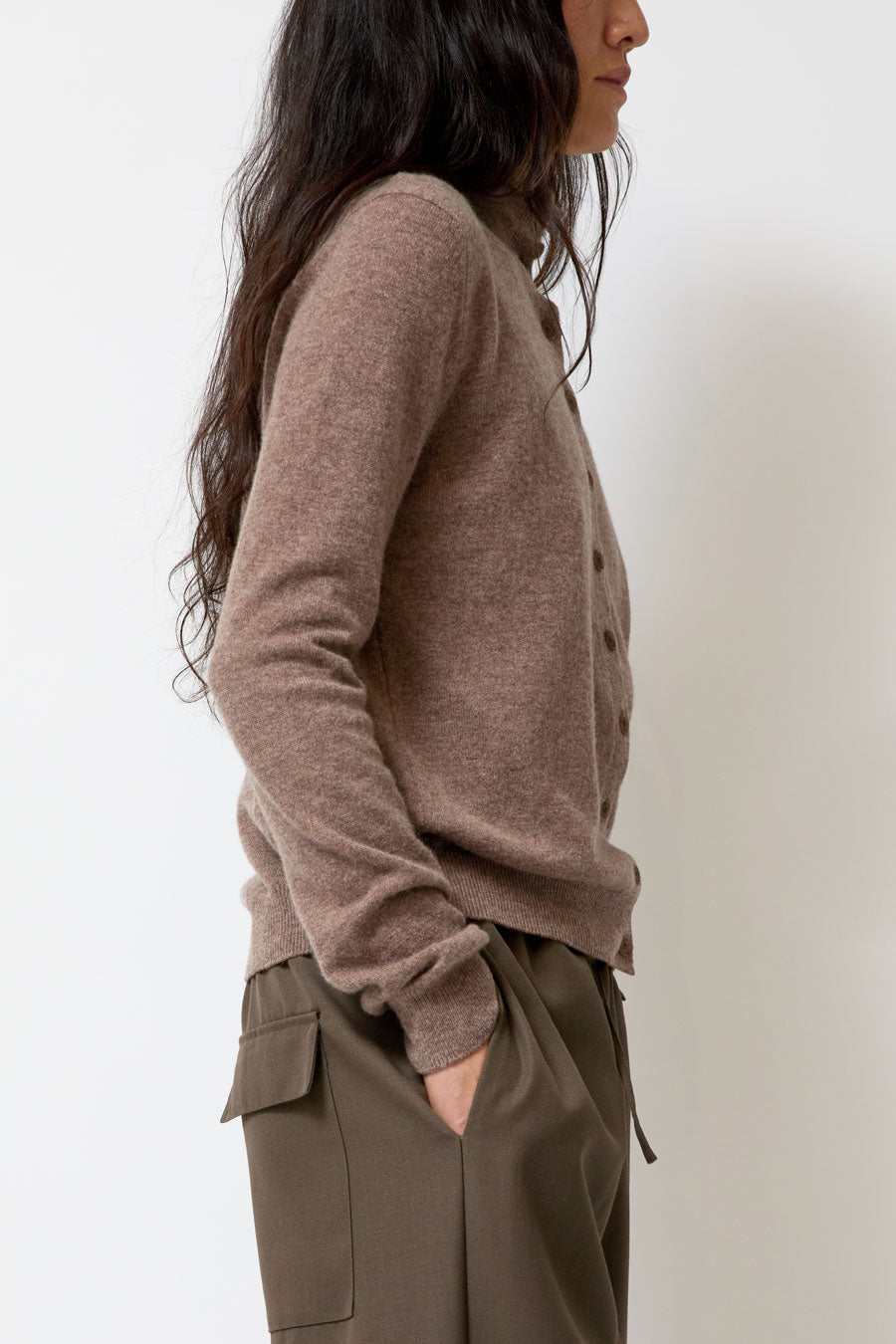 Mijeong Park Mock Neck Cardigan in Dark Beige