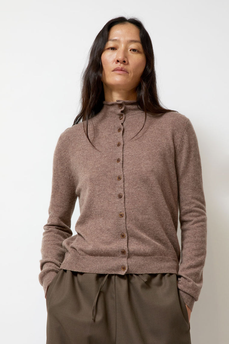 Mijeong Park Mock Neck Cardigan in Dark Beige