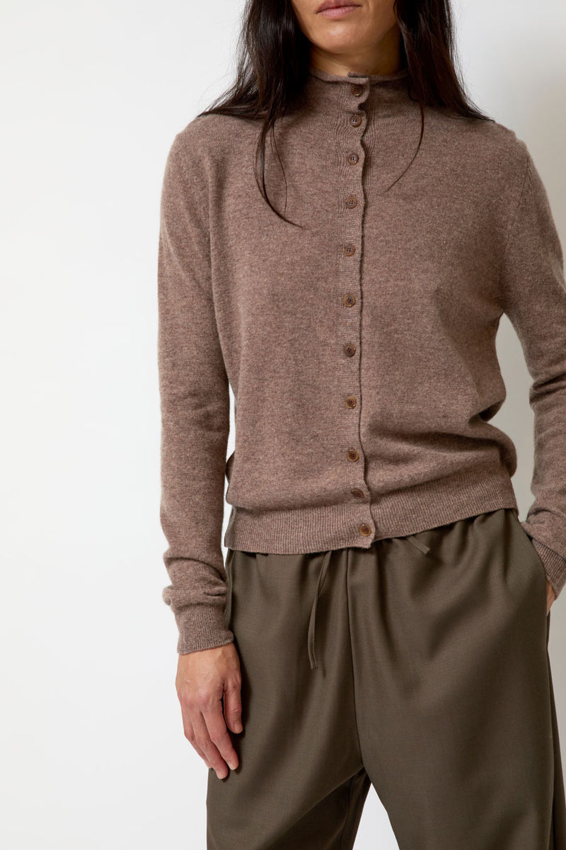 Mijeong Park Mock Neck Cardigan in Dark Beige