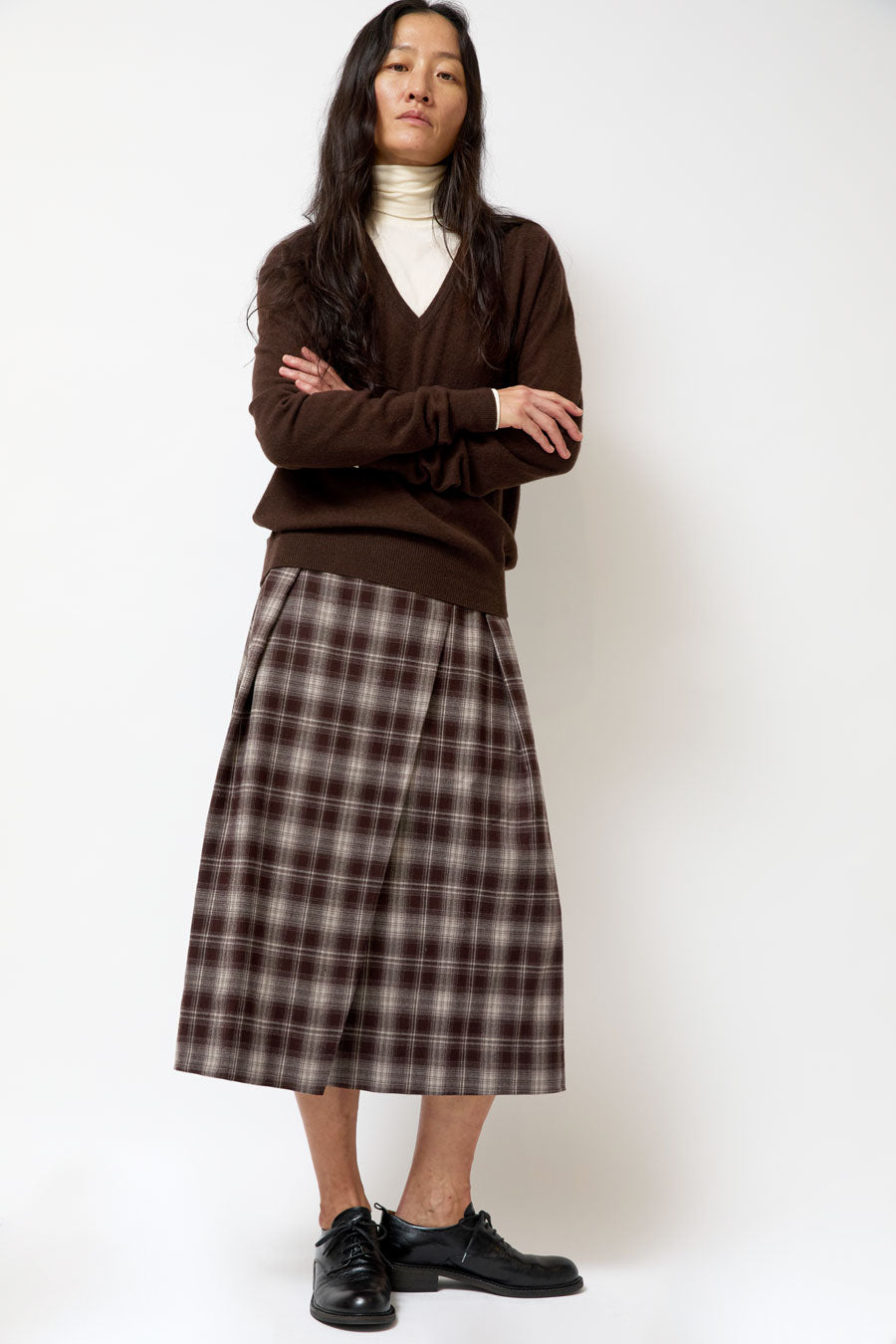Mijeong Park Plaid Midi Skirt in Brown Plaid