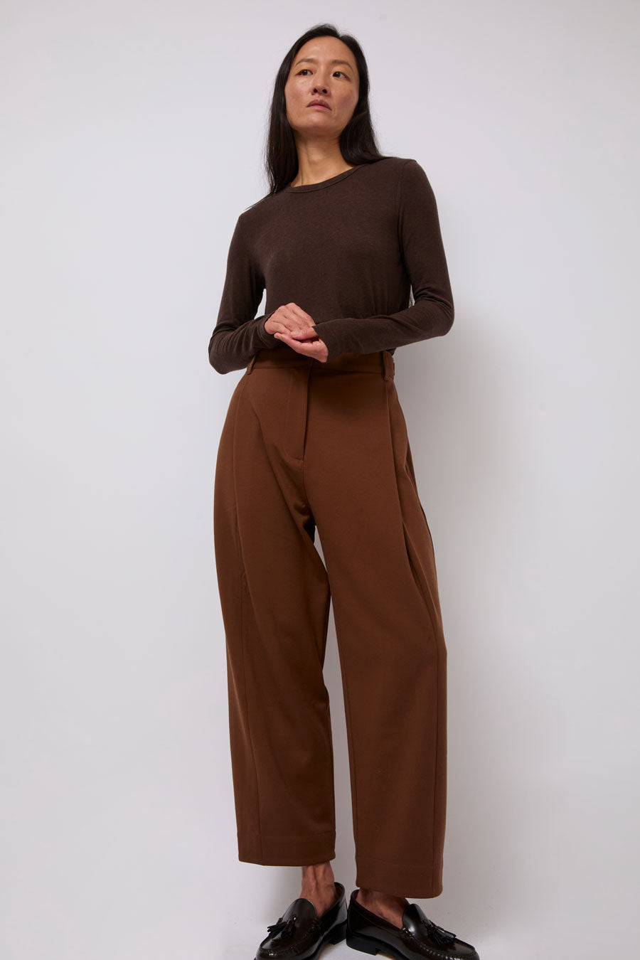 Mijeong Park Pleated Barrel Leg Pants in Brown