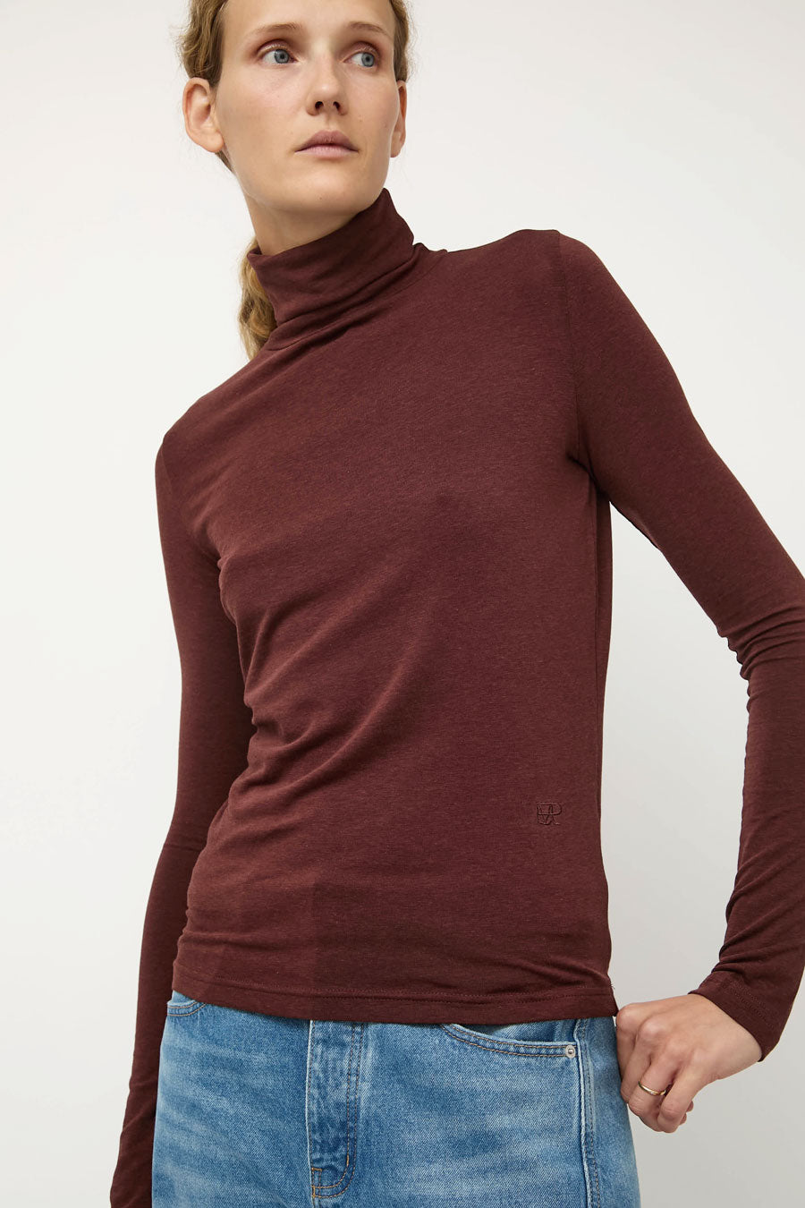 Mijeong Park Roll Neck Jersey Top in Burgundy