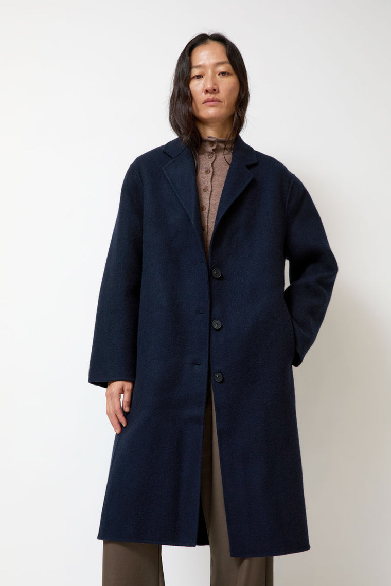 Mijeong Park Single-Breasted Handmade Wool Coat in Navy