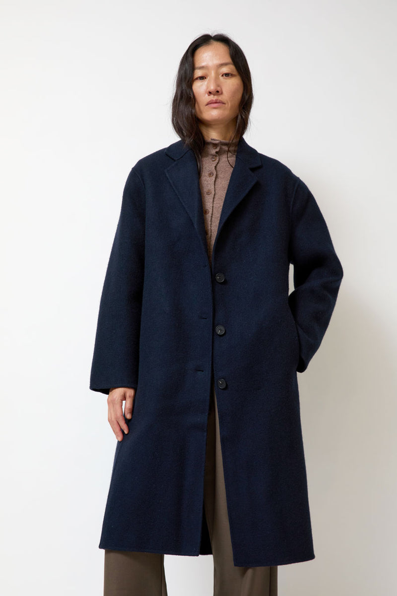 Mijeong Park Single-Breasted Handmade Wool Coat in Navy