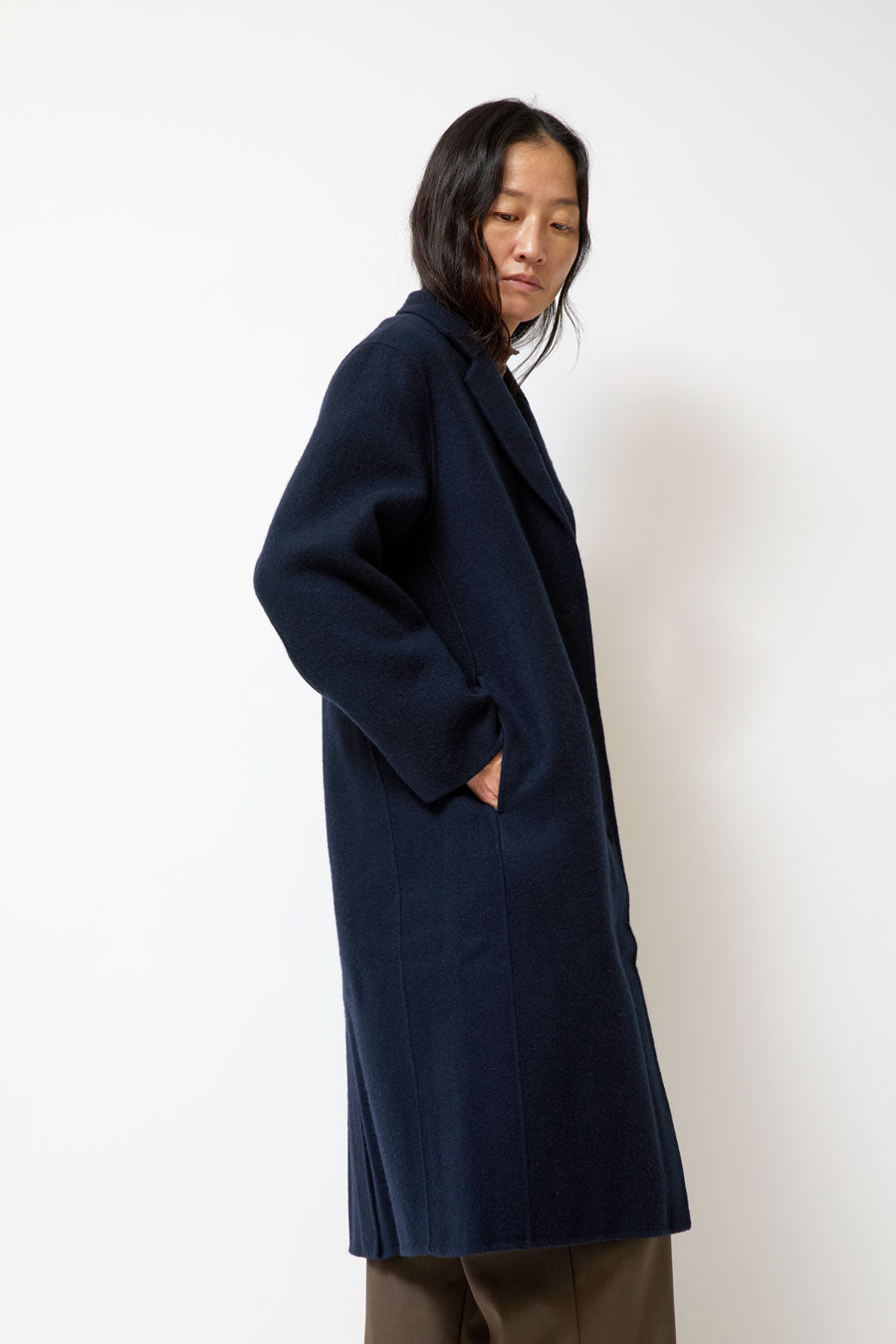 Mijeong Park Single-Breasted Handmade Wool Coat in Navy
