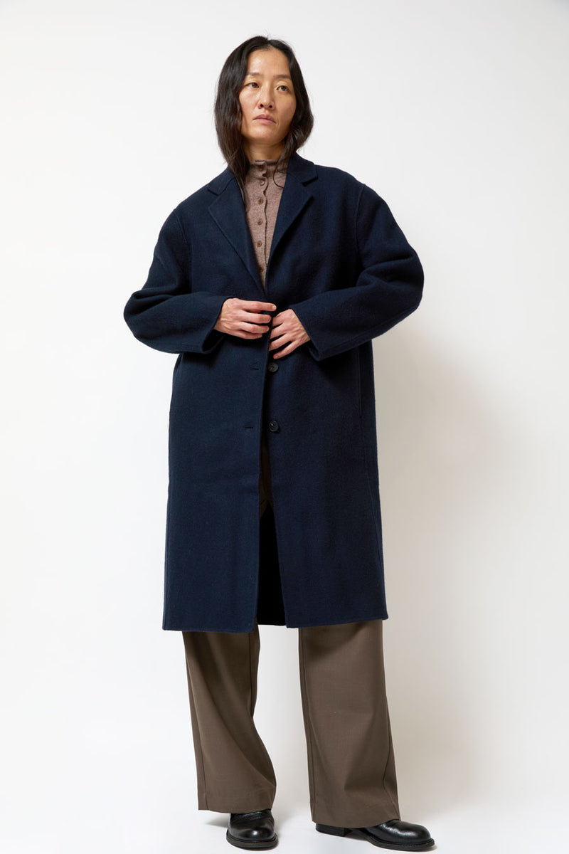 Mijeong Park Single-Breasted Handmade Wool Coat in Navy