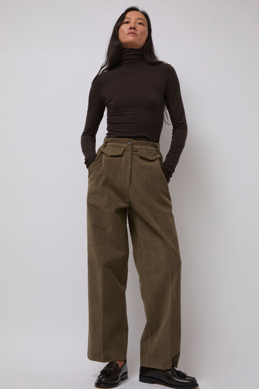 Mijeong Park Stretch Corduroy Pants in Light Olive
