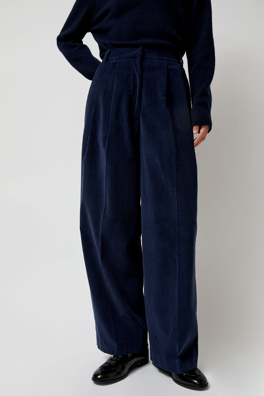 Mijeong Park Thin Corduroy Wide Leg Pants in Navy