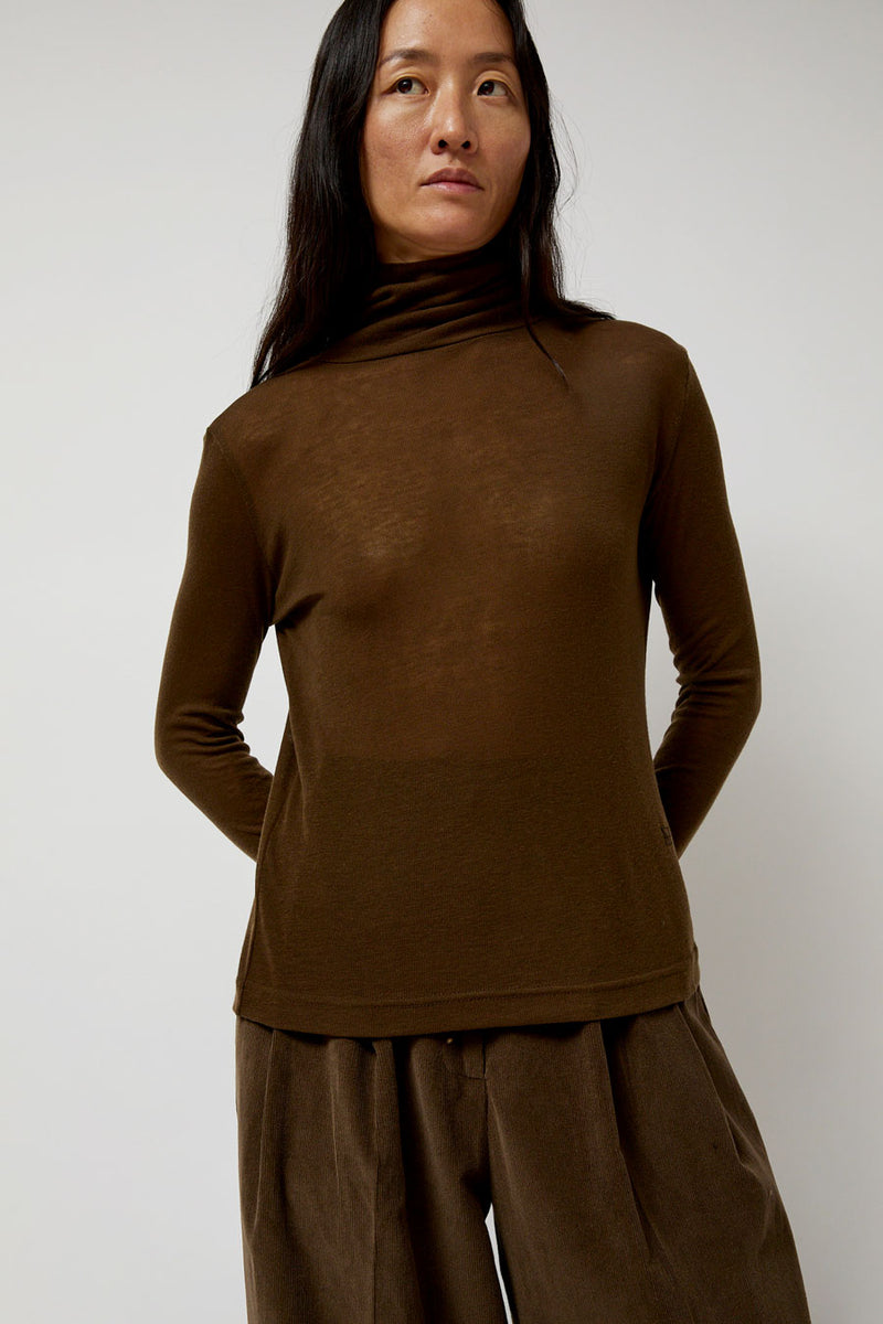 Mijeong Park Thin Ribbed Roll Neck Top in Brown