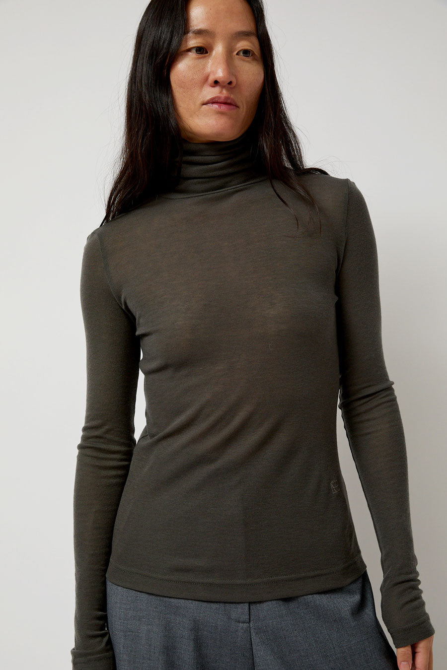 Mijeong Park Thin Ribbed Roll Neck Top in Dark Gray