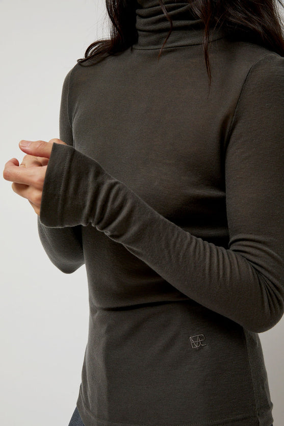 Mijeong Park Thin Ribbed Roll Neck Top in Dark Gray