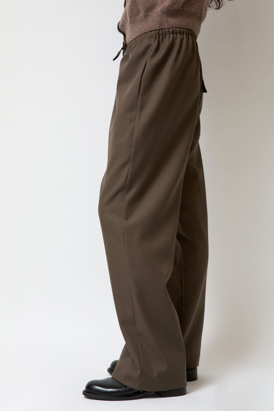 Mijeong Park Wool Blend Drawstring Pants in Olive Brown